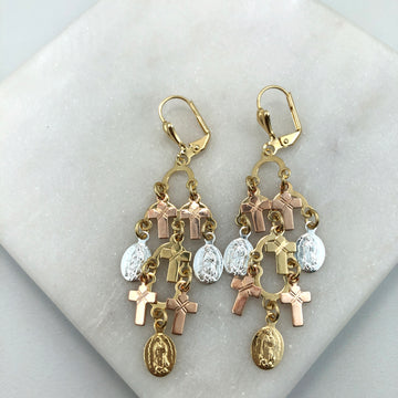 18K Gold Layered Oro Laminado Crosses and Ladies of Guadalupe Chandelier Leverback Earrings Wholesale 21.0441